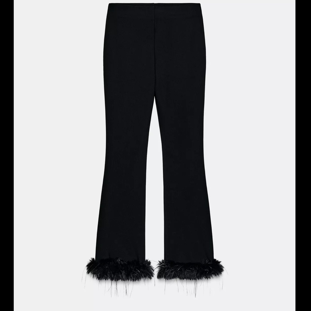 Zara Black Flare Pants with Faux Fur Hem